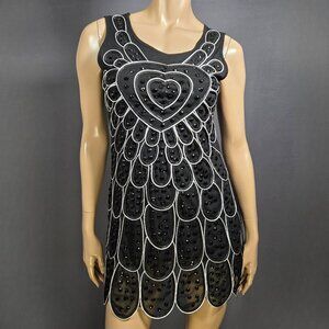 Y2K Black Beaded Heart Top Size S Gothic Fairy Tunic Sleeveless Mesh Overlay